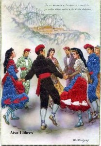 Sardanas (bordada)  al fondo montanyes de Montserrat “Ja es decanta a l’esquerra i vacil•la ja volta altra volta a la dreta dubtant” dibuix E Freixas  Serie I s/f (años 50?) 10 € 