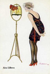 Núm 919 R Baldrich (Mujer mirando un periquito en gavia)  Ediciones Victoria N Coll Salieti Barcelona  s/f (principios siglo XX) 8 €  