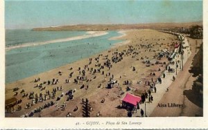 Postal Gijón 41 Playa de San Lorenzo ed. L. Roisin fot. Barcelona s/f principios siglo XX a color con ventanilla 30 € 