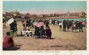 Gijón 42 Playa de San Lorenzo ed. L. Roisin fot. Barcelona s/f principios siglo XX a color con ventanilla 30 € 